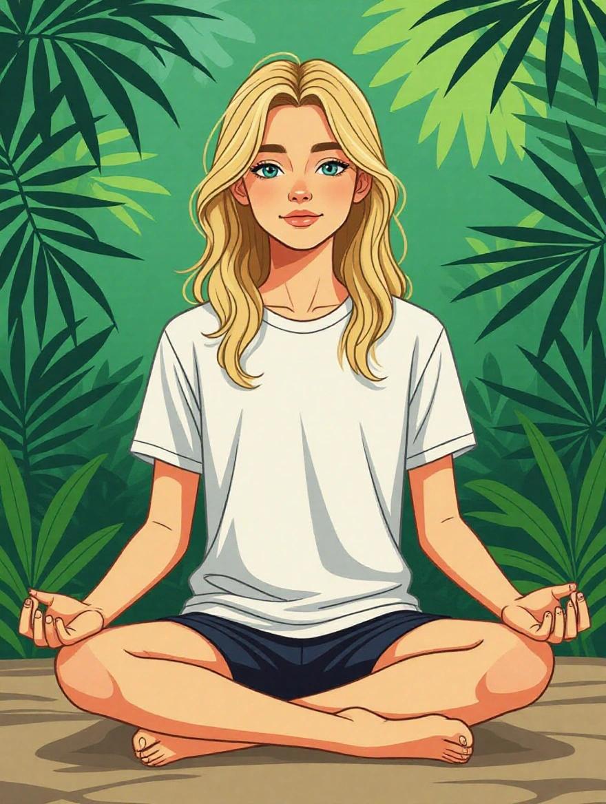 Vector art illustration of a slender person with long blonde hair in a t-shirt and yoga shorts, sitting cross-legged in a meditation pose surrounded by green foliage.