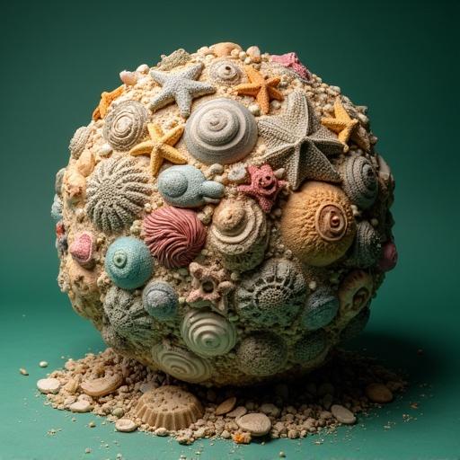 A spherical shape covered with colorful mollusks and marine fossils on a green background. Various sea creatures are densely packed together masking the ground.