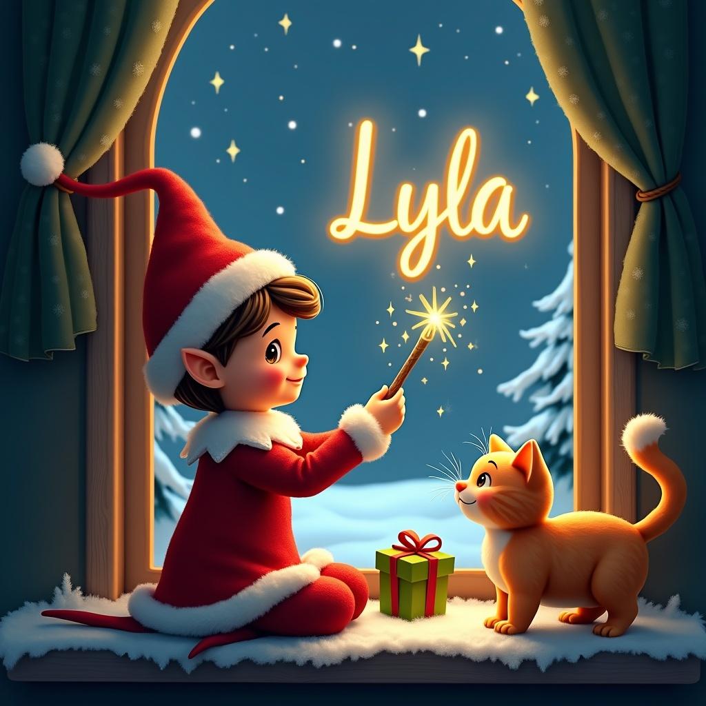 An enchanting Christmas scene showcases an elf dressed in festive attire. The elf is joyfully interacting with a magic wand, creating whimsical sparkles in the night sky. Above, the name 'Lyla' shines brightly in gold. The backdrop features snowy trees and a warm light coming from a window next to a wrapped gift. A curious orange cat adds to the charm of this delightful holiday setting.