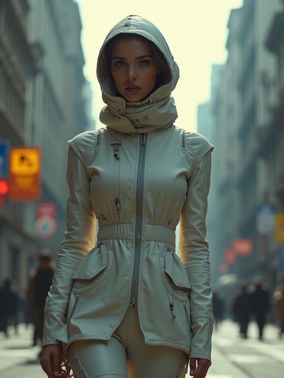 A woman in futuristic avant-garde fashion stands in a city street, wearing a sleek hooded jacket. Buildings and street signs create an urban backdrop.