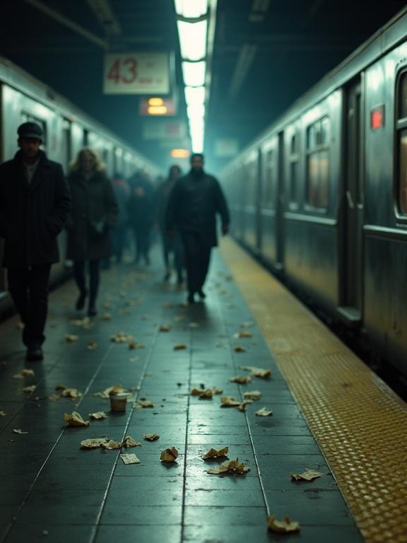 Crowded subway platform during rush hour. Tiles are scuffed and grimy. Flickering fluorescent lights create harsh shadows. Ground littered with crumpled tickets and coffee cups. Trains blur in the background. Cold and isolating atmosphere. High angle perspective.