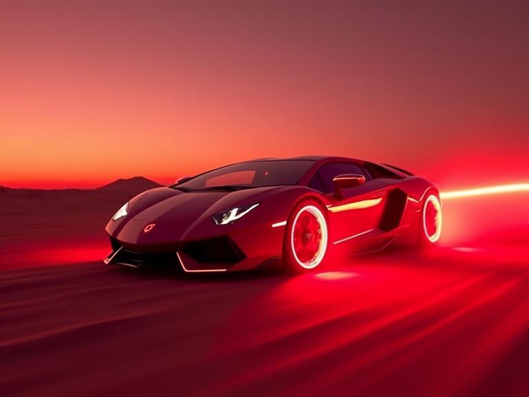 Futuristic Lamborghini with laser light wheels racing in the desert. Image features vibrant red light with a Tron aesthetic. The car leaves a glowing laser trail.