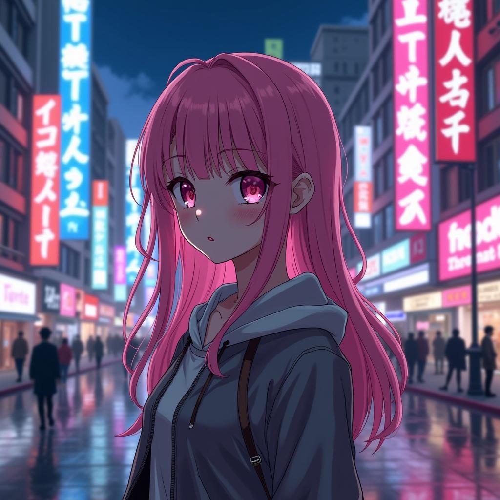 This image features an anime girl with vibrant pink hair, standing amidst a neon-lit cityscape. She has a contemplative expression, adding a sense of mystery. The background showcases bright neon signs illuminating the night. Rain has created a reflective surface, enhancing the colors and mood. The scene conveys a blend of modern urban life and anime aesthetics.