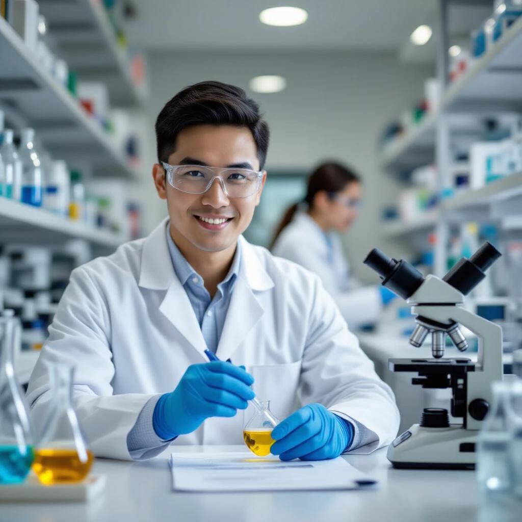 Scientist works in a laboratory. Bright lighting illuminates various colorful liquids in beakers and a microscope. Laboratory shelves filled with scientific materials are visible in the background.