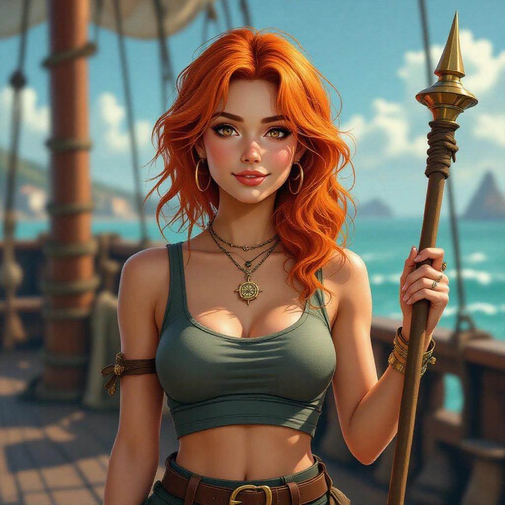 Hyper-realistic portrait of a woman with vivid orange hair and amber eyes. Confident smile. Pirate navigator style with sleeveless crop top and fitted pants. Nautical accessories like compass necklace. Modern weather staff. Bright ship deck setting. Realistic skin and textures. Inspired by anime but photorealistic.