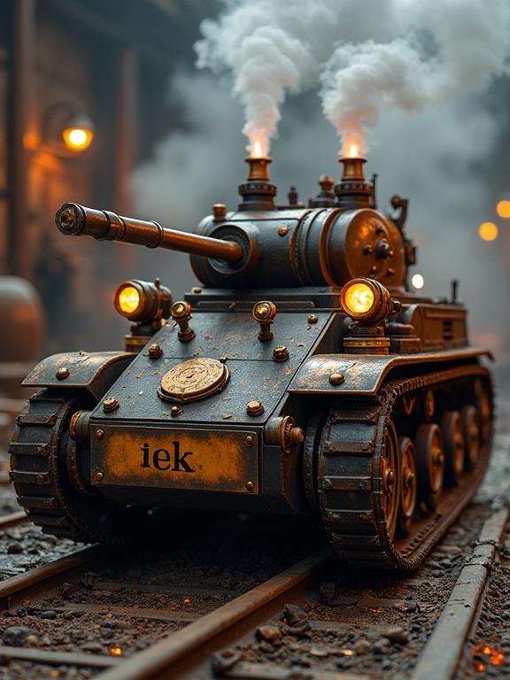 Steampunk-inspired tank features leather treads and brass gears. 'Kiek' stamped on oxidized copper plates. Matte black iron blends with chrome pipes emitting steam. LED lights mimic gas lamps casting warm glows. Set in a retro-futuristic factory with smoke and embers adding ambiance.