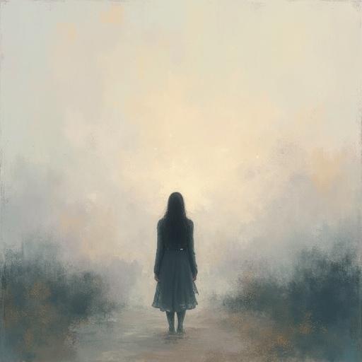 Minimalist artwork featuring a figure walking away. Dreamy and soft colors create a conceptual atmosphere.