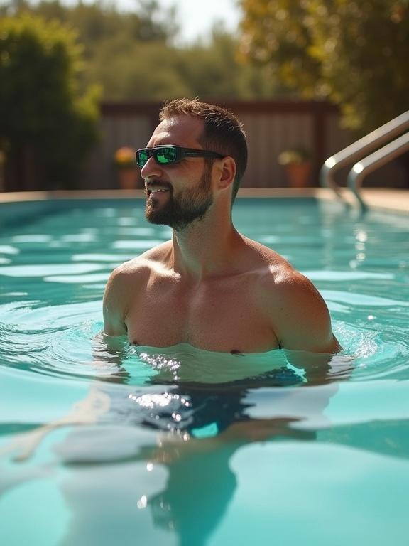 Hombre adulto nadando estilo libre en piscina al aire libre. Fondo natural con luz de media mañana. Expresión relajada tomando aire con gafas de natación.