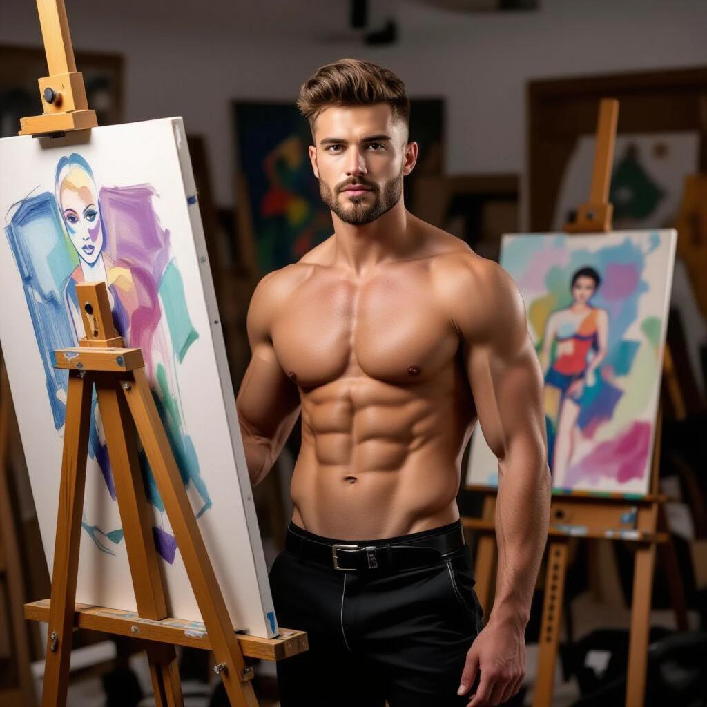 Muscular male model poses in an art studio. The model with defined abs stands beside easels. Colorful paintings on the easels depict female figures. The atmosphere is creative and inspiring.