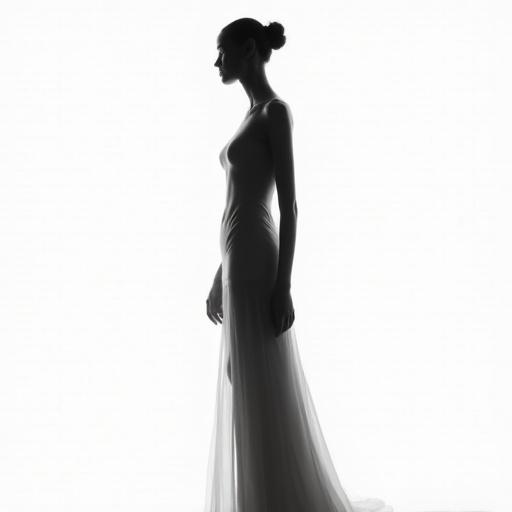 Tall slender woman in elegant attire. Black and white image with glitch effects and minimalism. Isolated on a white background. Cinematic style.