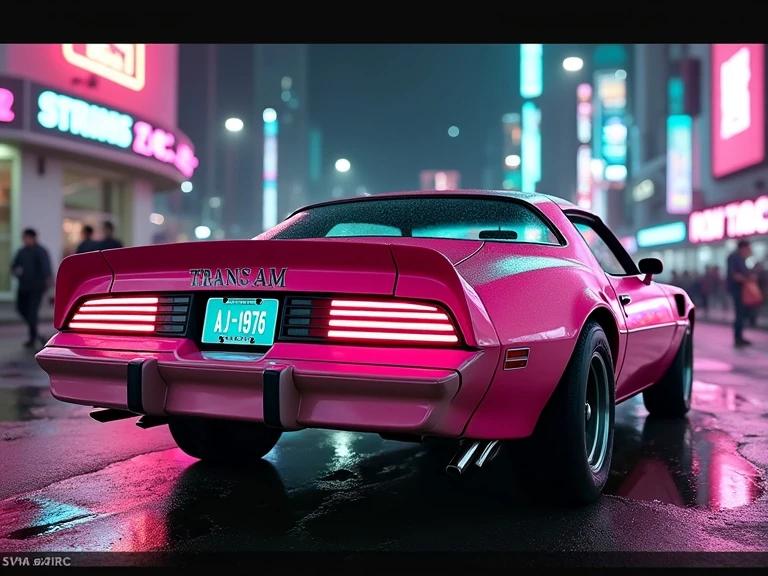 A pink and teal 1976 Pontiac Trans Am parked in a cyberpunk city. The car features a license plate that reads AJ-1976. Neon lights illuminate the scene at night. The city is vibrant and futuristic. The car's details are highlighted by reflections on the wet ground.