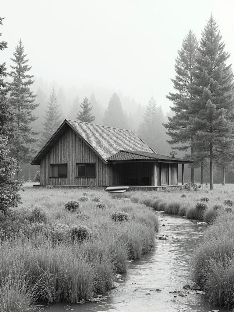 House placed beside a stream. Modern design with wooden exterior. Surrounded by tall trees and grassy areas. Misty atmosphere creating a tranquil scene.