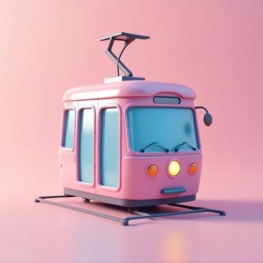 3D tram icon modeled in a playful pink color. Solid color background enhances focus on the tram. Simple geometric design.