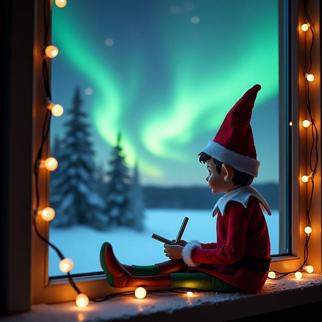 An elf is sitting by a window, gazing at the stunning northern lights in the night sky. Dressed in traditional Christmas colors, the elf holds a writing tool, as if jotting down thoughts or observations. Outside, a serene snowy landscape enhances the scene's magic. Glimmering fairy lights adorn the window sill, wrapping the space in a warm, cozy glow. The vibrant aurora borealis fills the sky with colors that dance beautifully. This enchanting view creates a mood filled with the excitement and joy of the holiday season.