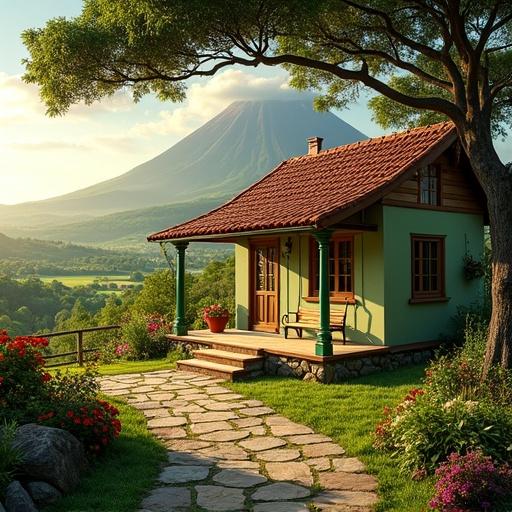 A charming rural scene with a small house surrounded by colorful flowers. The house has a light green exterior and reddish-brown tiled roof. A covered porch with green pillars features a wooden swing. A stone pathway leads through the garden to the house. In the background, a conical mountain rises above a lush green valley. A large tree provides shade, and the sky is soft blue with clouds.