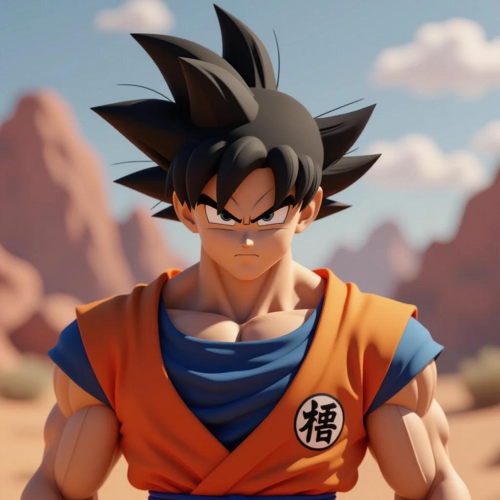 Create a highly detailed 3D rendering of a muscular young warrior with spiky black hair. Orange and blue martial arts gi features Kame symbol. Character has an intense expression with sharp eyes and defined features. Lighting emphasizes muscular build with shadows highlighting physique. Background is a desert landscape with warm tones and soft sunlight. Hair has detailed texture with reflection. Focus on upper body and face for power and intensity.