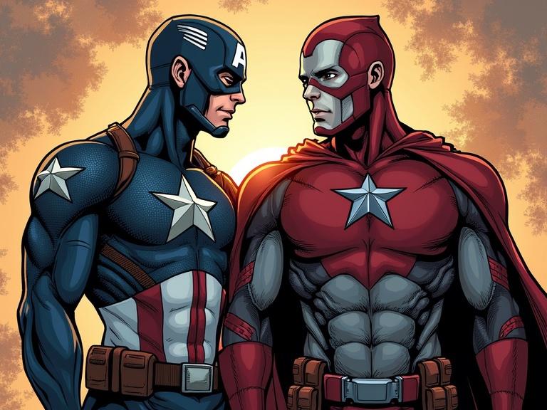 What if Captain America chose the Sokovia Accords? Two superheroes face each other. One wears a blue uniform with a star and a shield. The other has a red suit with a star and a cape. Background features a sunset glowing behind them.