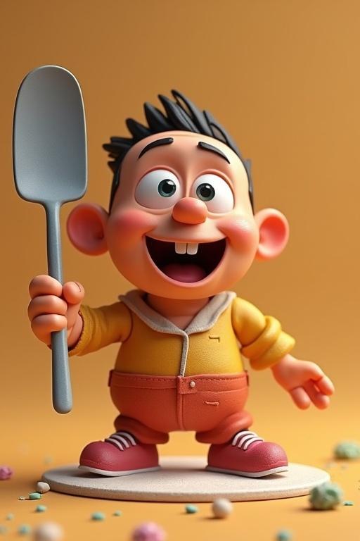 3D animated cartoon character child holding a spatula against an orange background. Cheerful expression with bright colors.