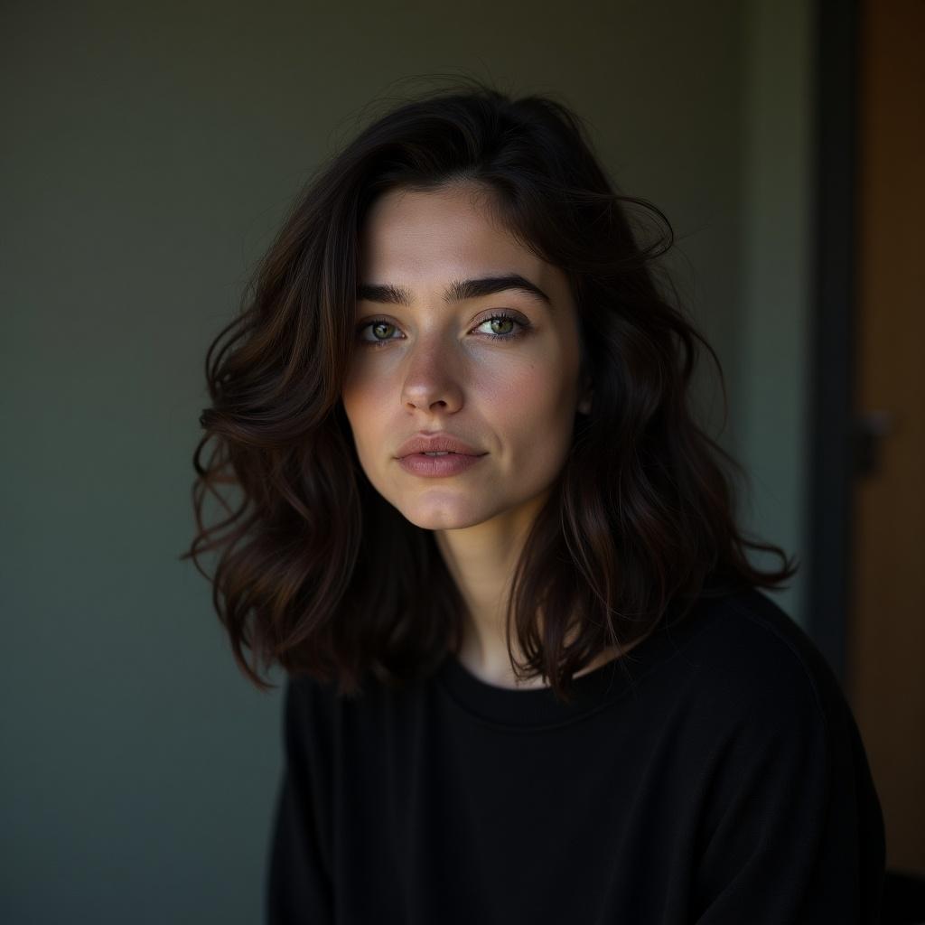 An 18 year old shy woman with soft, wavy hair wearing a dark sweatshirt. Background is neutral and muted. She looks serene and introspective.