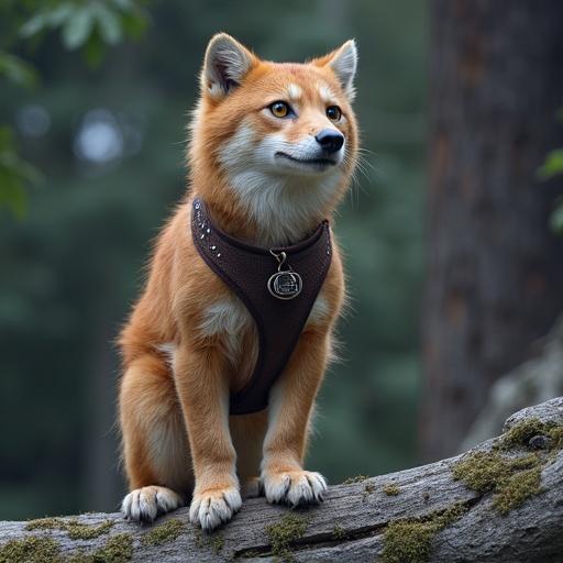 A Shiba Inu dog wearing a brown harness sitting on a log in a forest