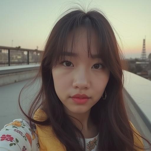 K-pop artist taking a selfie in natural light during sunset. Face is the main focus, soft features highlighted. Warm tones create a cozy atmosphere.