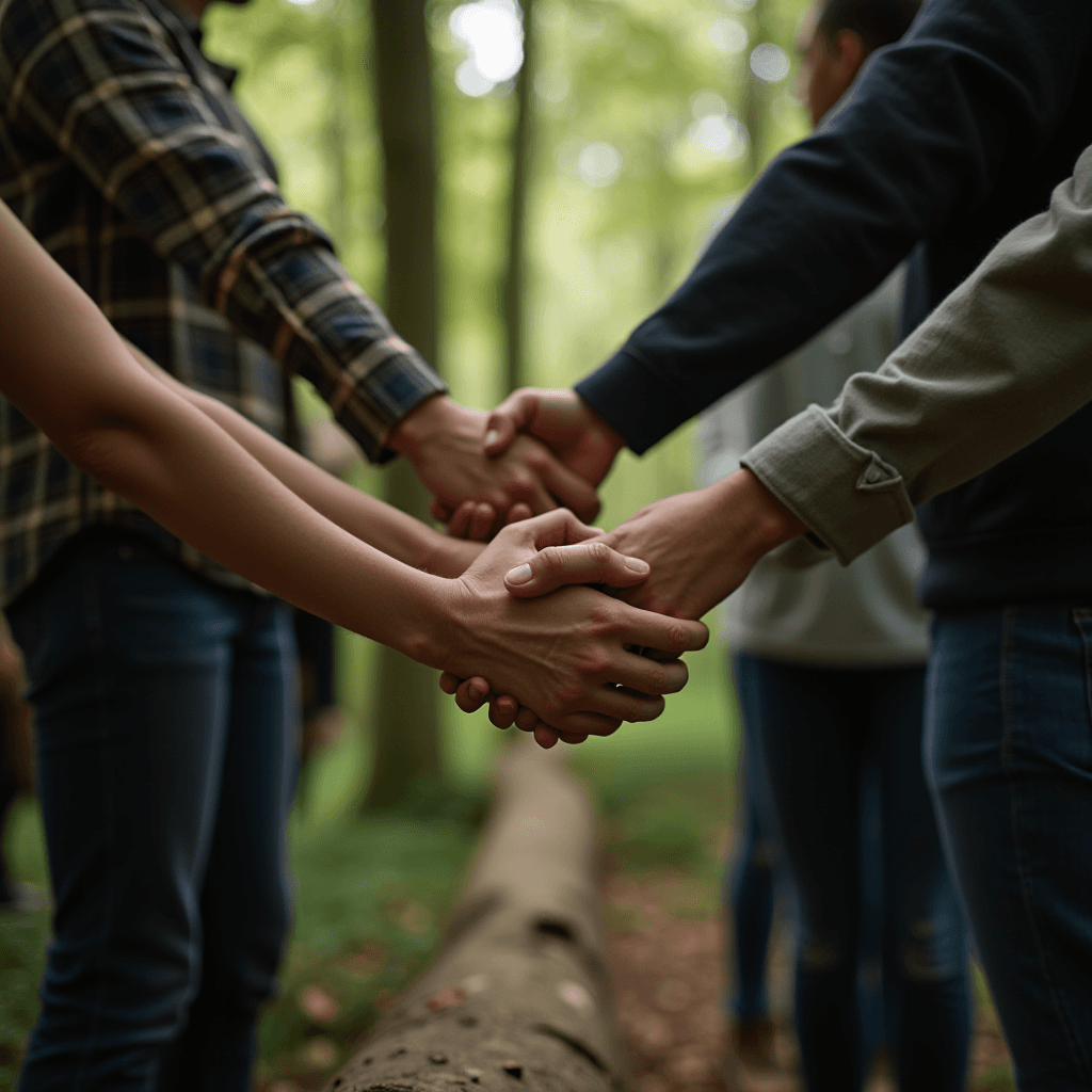 A group of people are holding hands in a forest, symbolizing togetherness.