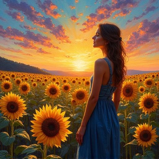A woman stands in a field of sunflowers under a twilight sky. The painting features bold brush strokes and impasto textures. The scene has a rich color palette and paper texture effects.