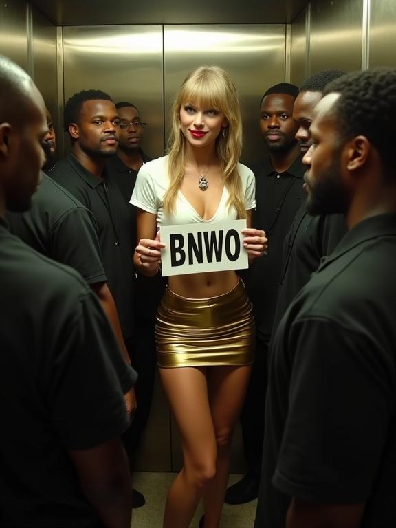 Full body shot of an attractive woman in an elevator surrounded by several men. She holds a sign saying BNWO. Her outfit features a tight white cropped t-shirt and a gold miniskirt. Brightly lit scene focuses on her smile and pose. The men appear to be intrigued.