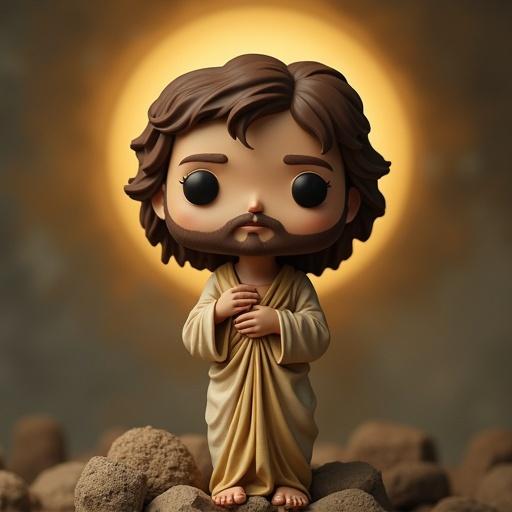 Funky collectible figure representing Christ. Stylized design with a playful appearance. Featured in a soft halo glow. Positioned in a captivating way.