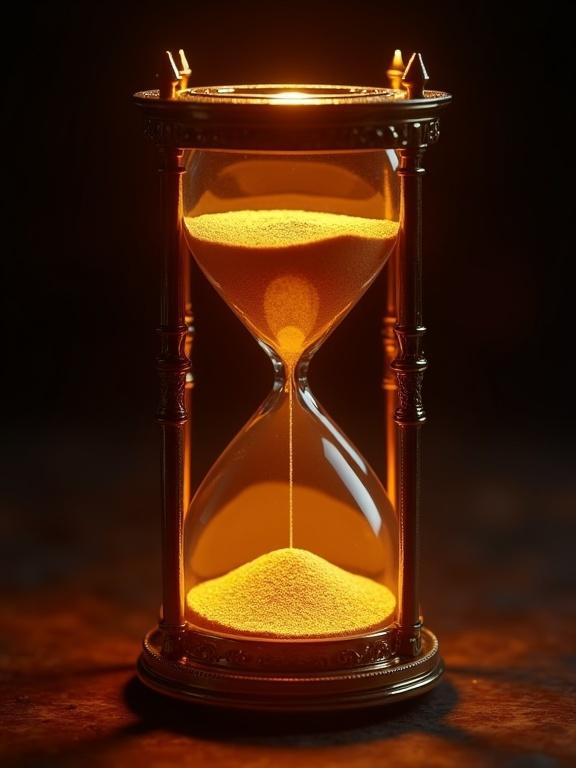 Ultra-detailed 3D render of ornate hourglass. Golden sand caught mid-pour through neck with ember backlighting. Glass and metal frame gleam with warm orange highlights. Black background glows at edges. Cinematic, warm ember tones, ultra-realistic.