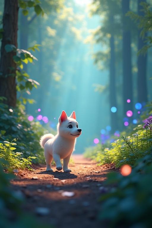 An ultra-HD 4K 3D animated scene featuring a white puppy in a magical forest clearing. Sunlight pierces the colorful foliage. The puppy freezes mid-step, concerned as it hears a faint cry. Glowing orbs float in the background. The forest sparkles with iridescent hues. Dynamic scene with rustling leaves and sound lines.