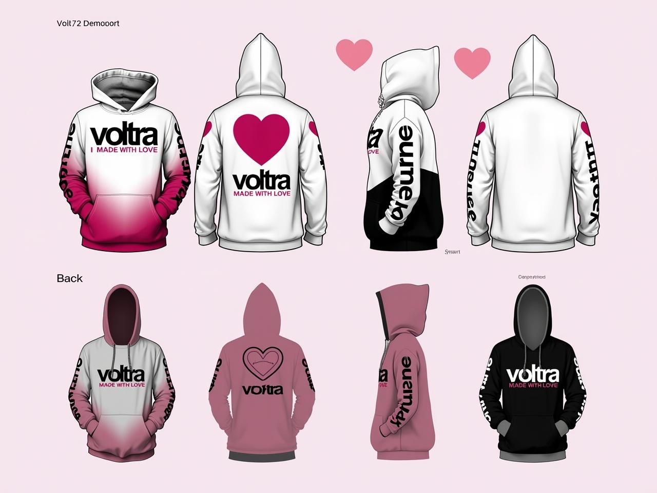 The image showcases a hoodie design for a brand called 'voltra'. The primary colors involved in the design include white, black, and a vibrant pink. The main elements of the design include large 'voltra' branding, a heart graphic, and the phrase 'MADE WITH LOVE' prominently featured. The layout includes front, back, and side views of the hoodie, which has a relaxed and trendy fit. The hoodie design emphasizes a love theme, appealing to a youthful and vibrant audience.