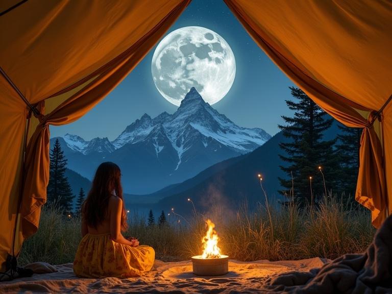Inside a spacious tent a woman gazes at a breathtaking moonlit mountain view. A fire burns in a metal container. The tent fabric is tan. Tall grasses and trees surround the tent. The moon is enormous and luminous. The atmosphere is serene and tranquil.