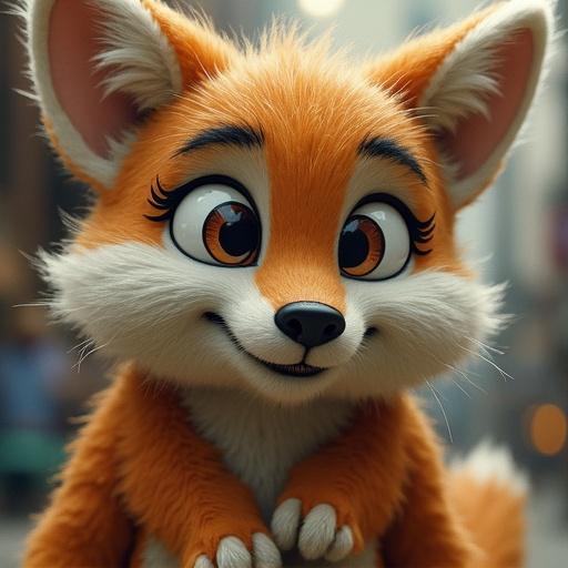 Create a furry character that is a cute and friendly fox with large expressive eyes.