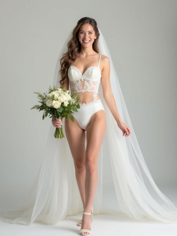 A joyful young bride shown in full body shot. She stands full frontal in classical wedding pose. Wearing elegant, classic wedding underwear, veil, stockings, and wedding shoes. In one hand, she holds a bouquet of fresh flowers. Smiling brightly with genuine happiness. Style is full-body semi-realistic. Vertical orientation.