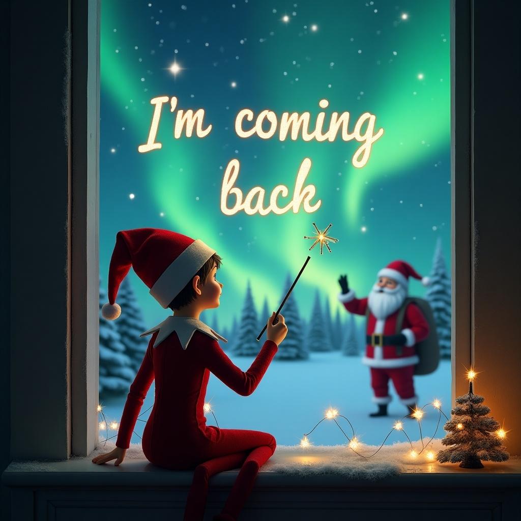 This image shows an elf on the shelf character, positioned with his back to the viewer. He is facing an enchanting sky where he is magically writing 'I'm coming back' with a wand. The background features a mesmerizing display of northern lights, with the tranquil Christmas landscape visible. Santa Claus can be seen nearby, adding to the festive atmosphere. The overall scene is warm and inviting, perfect for capturing the essence of the holiday spirit.