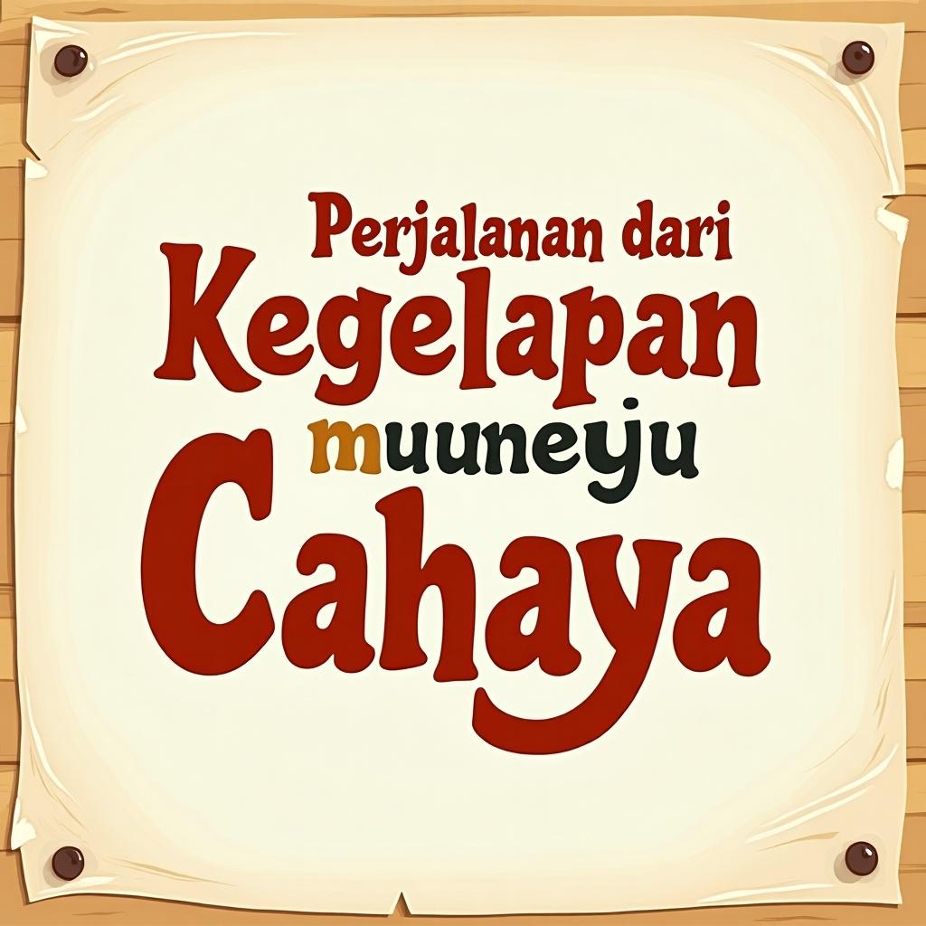 Typography of the phrase 'Perjalanan dari Kegelapan menuju Cahaya'. Use big font, bold with clear spacing. Choose vibrant colors. Transparent background or subtle wood board. Use easy-to-read fonts. Emphasize key words larger. Center align text thoughtfully.