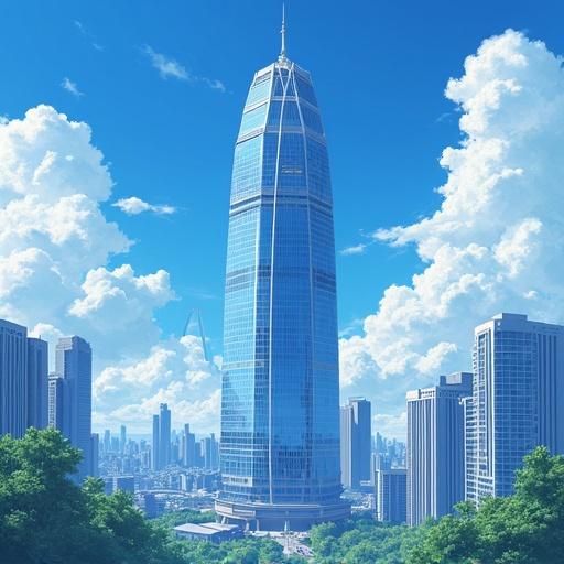 Anime depiction of a tall skyscraper in a vibrant cityscape. The scene includes a clear blue sky with fluffy white clouds and green buildings around the main structure.