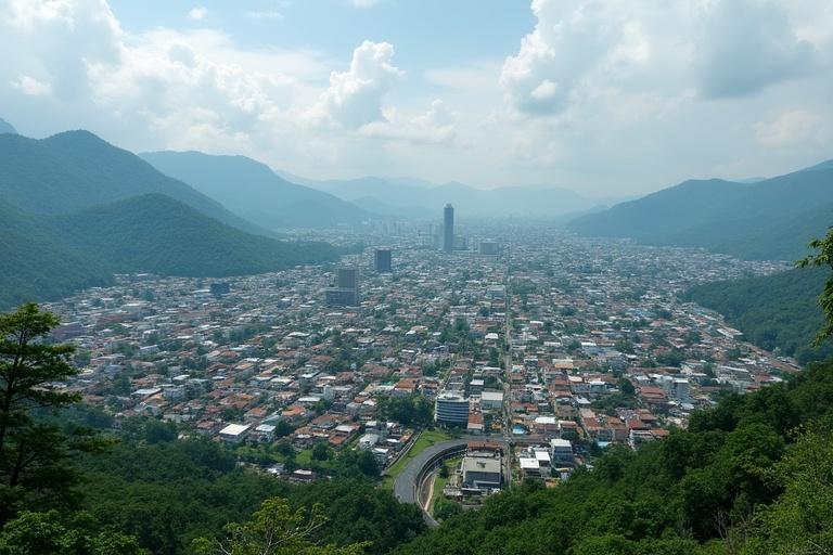 Aerial view of a city situated in a valley surrounded by mountains. The scene shows a dense urban area with a mix of buildings and greenery. Large mountains in the background with blue skies dotted with clouds. The image captures a vibrant urban environment contrasting with natural landscape.