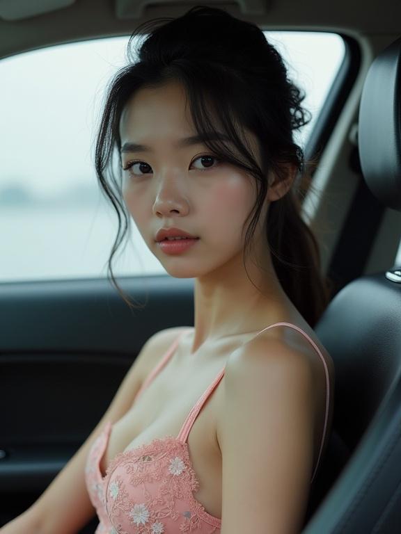 Young adult Korean woman shirtless wearing a wired pink bra. She is sitting in a car. The ambiance features cinematic lighting with heavy mist. The image captured in hyper-detail. High focus on body proportions and aesthetic appeal.