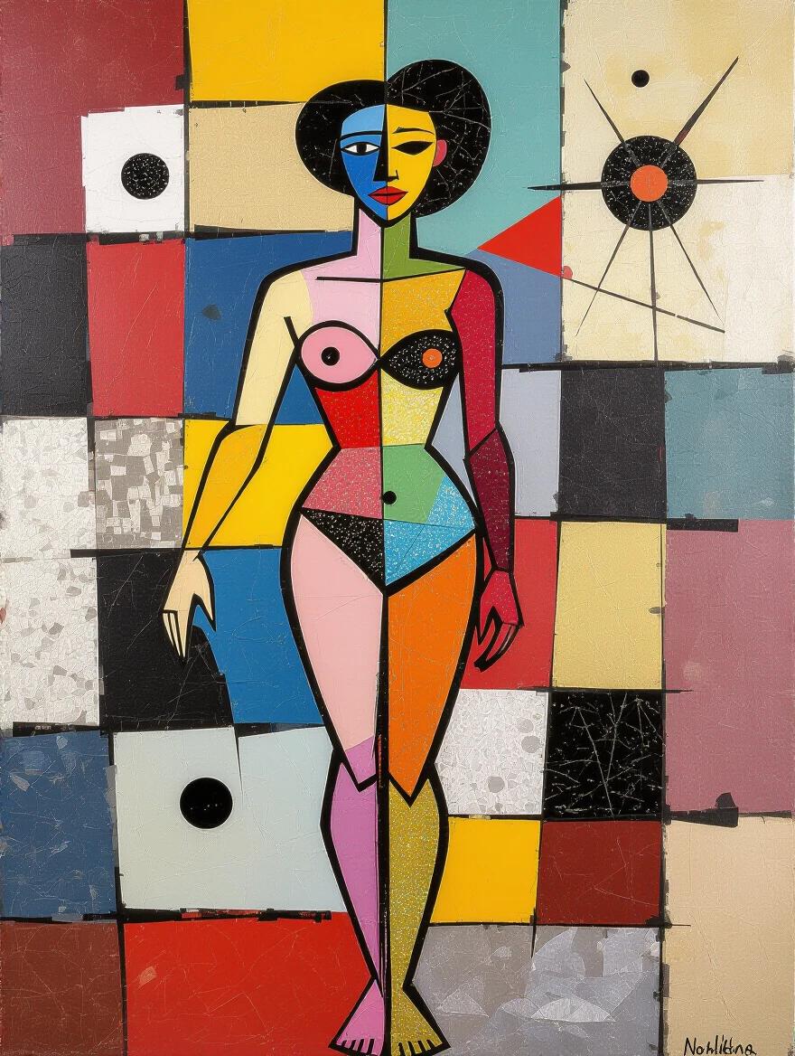 Abstract depiction of a nude model. Oil painting on canvas. Vibrant colors and bold shapes. Background features a quilt-like pattern with different textures. Mixed media elements like newspaper and jute. Textured layers create visual depth. Evocative and visually captivating composition.