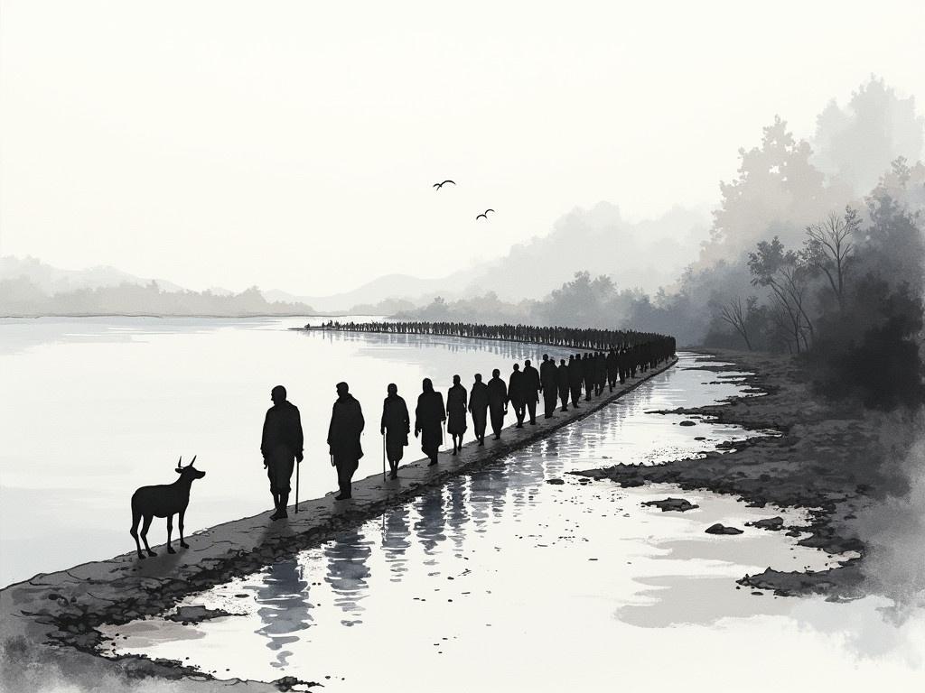 Transform the original image into an ink painting style. The scene shows a long line of figures marching along a narrow path by the water's edge, with a serene and somber atmosphere. Use soft, flowing ink strokes to depict the figures, emphasizing their movement and unity. Capture the landscape with gentle washes of gray and muted blues for the water, and textured lines for the ground and surroundings. The overall composition should maintain a sense of depth, with the figures gradually fading into the background.