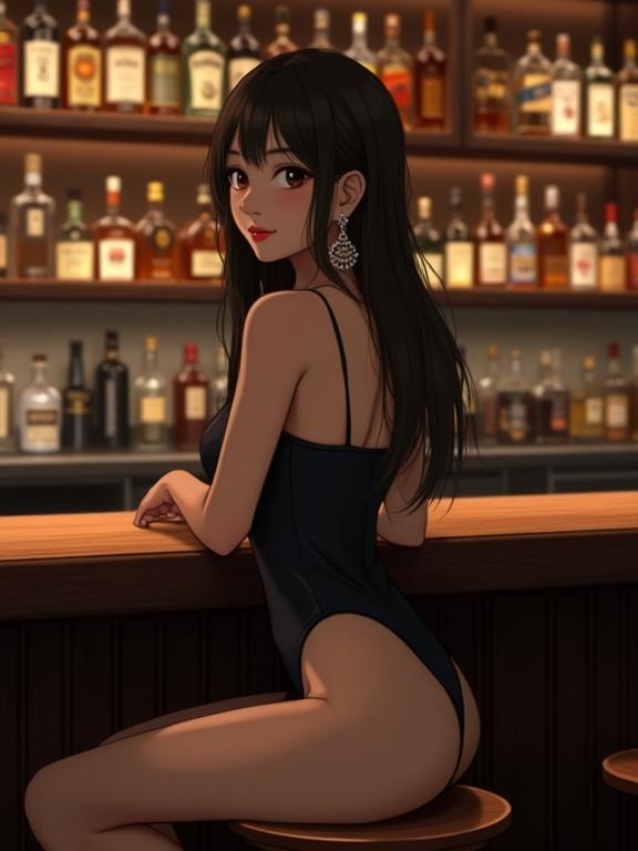 Girl sits on wooden chair at bar counter. She wears a black camisole and oversized earrings. Dim lighting creates a moody atmosphere. Behind her are many bottles of whiskey and bourbon.