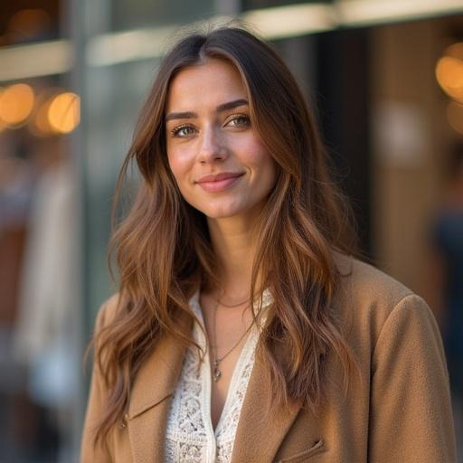 A woman shopping in a city environment. She has long brown hair and is wearing a stylish outfit. The background features blurred lights, suggesting a bustling shopping area.