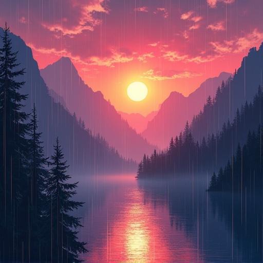 Dawn in a mountain city depicted in anime style. Rain falling gently. The sun shining brightly through the clouds.