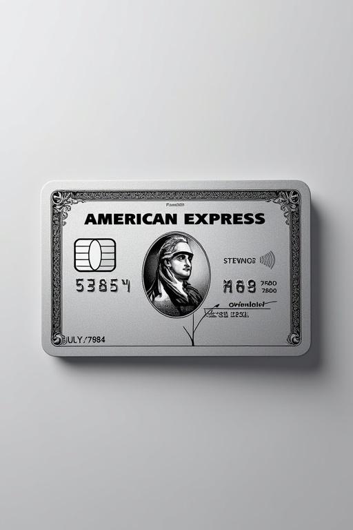 Realistic image of a platinum American Express credit card. The cardholder is David Stewart and has a specific card number. The expiry date is July 2030. The background is silver with bold black font. Convey modern elegance.