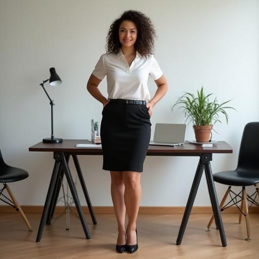 A confident curvy woman stands beside a desk. She wears a short black skirt and a short sleeve white blouse. Black high heels complete her look. The scene shows a balance between work and leisure.