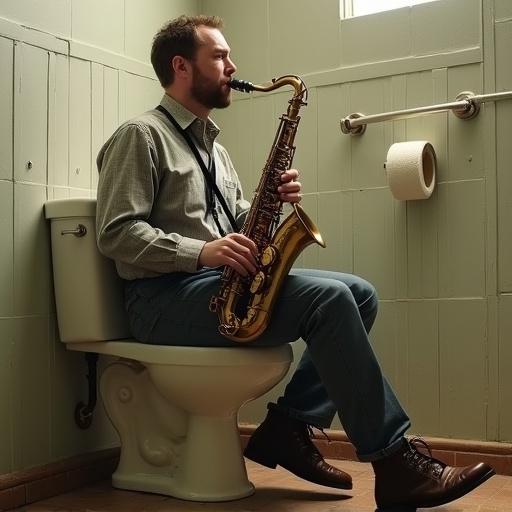 Man sits on toilet with pants at ankles while playing saxophone. Light green walls. Bathroom setting. Focus on humor.