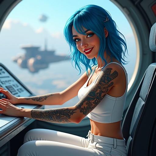 A young woman with vibrant blue hair and tattoos is seated at a futuristic console in a spaceship cockpit. She smiles warmly. Outside the window, an alien landscape with other spacecraft is visible. She wears a white top and pants. The scene showcases detailed digital painting with sci-fi influences.