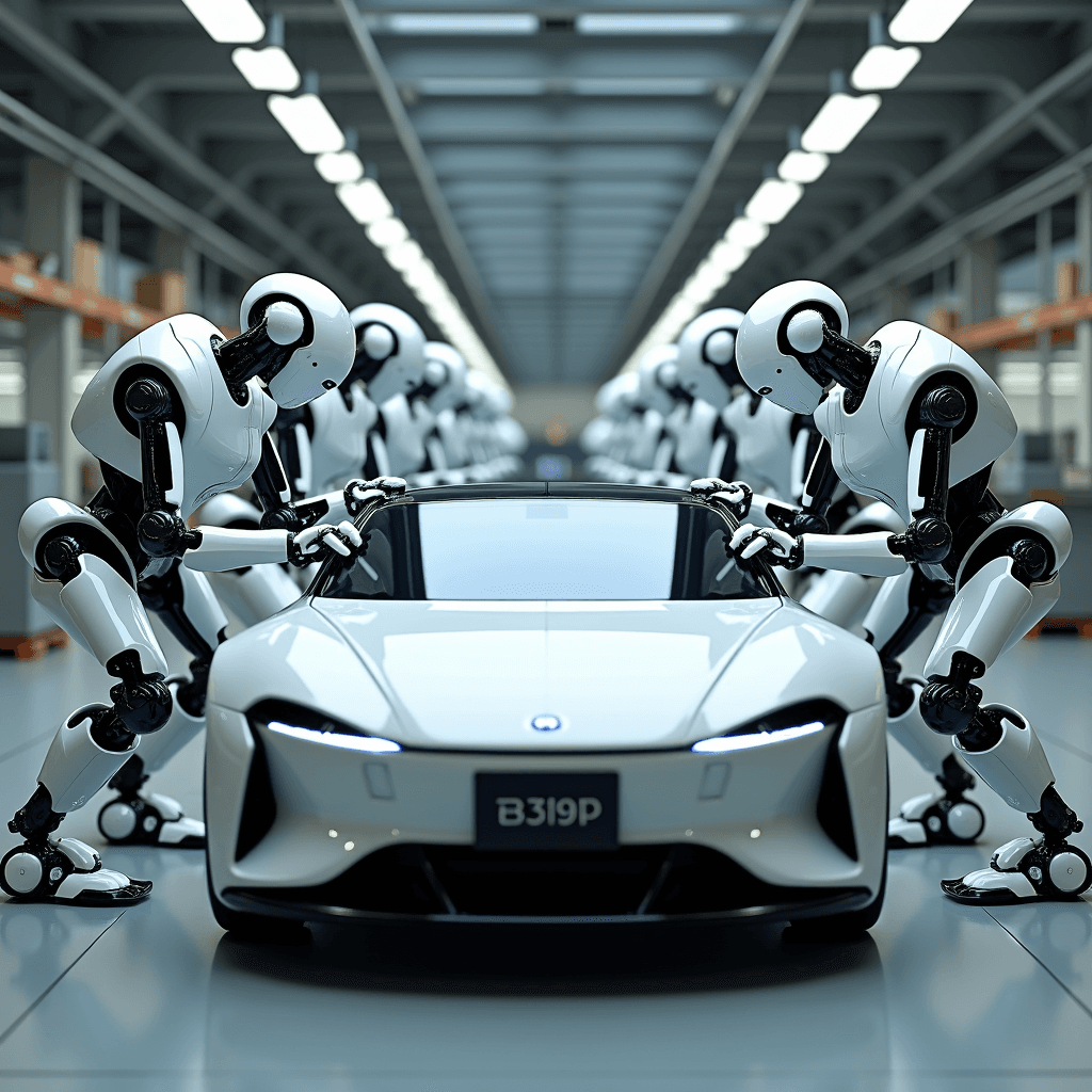 A team of humanoid robots meticulously assembling a sleek, futuristic car in an advanced facility.